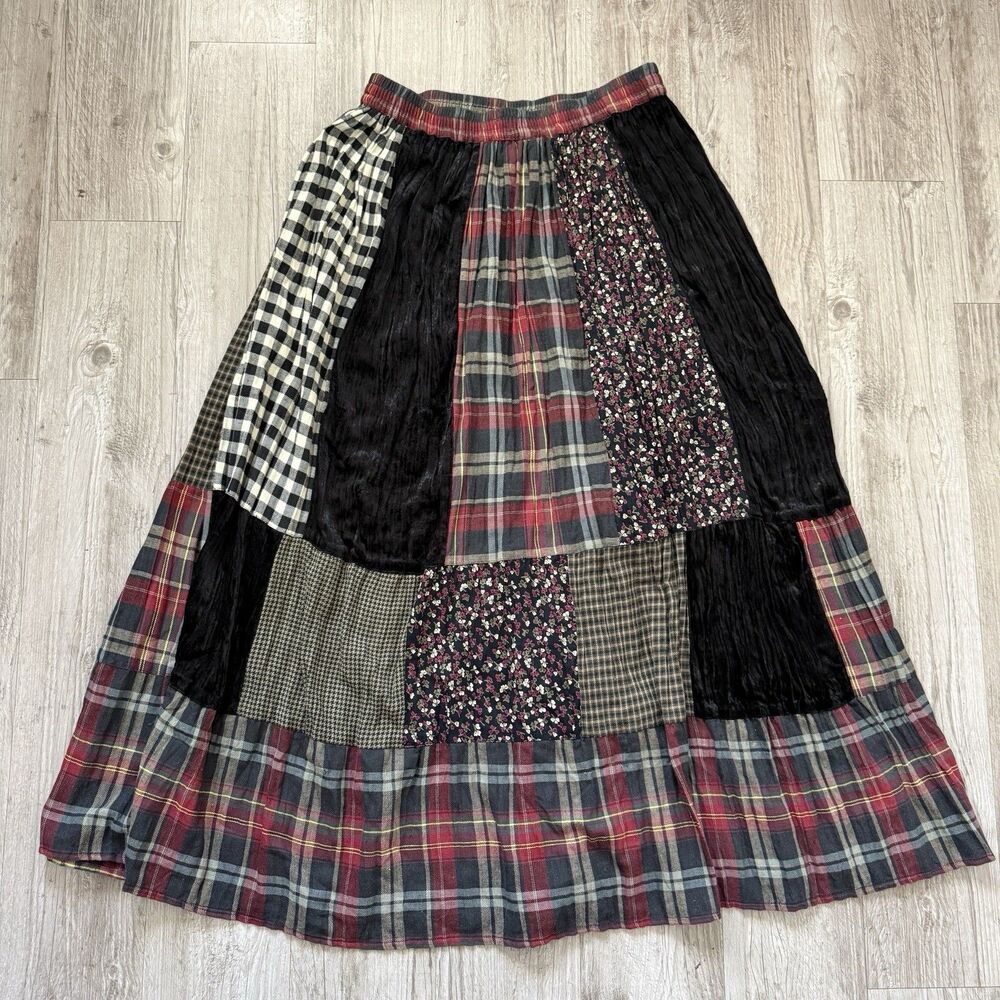 Austin Harris Floral Boho Velvet Patchwork Skirt L Multicolor Plaid Hippie